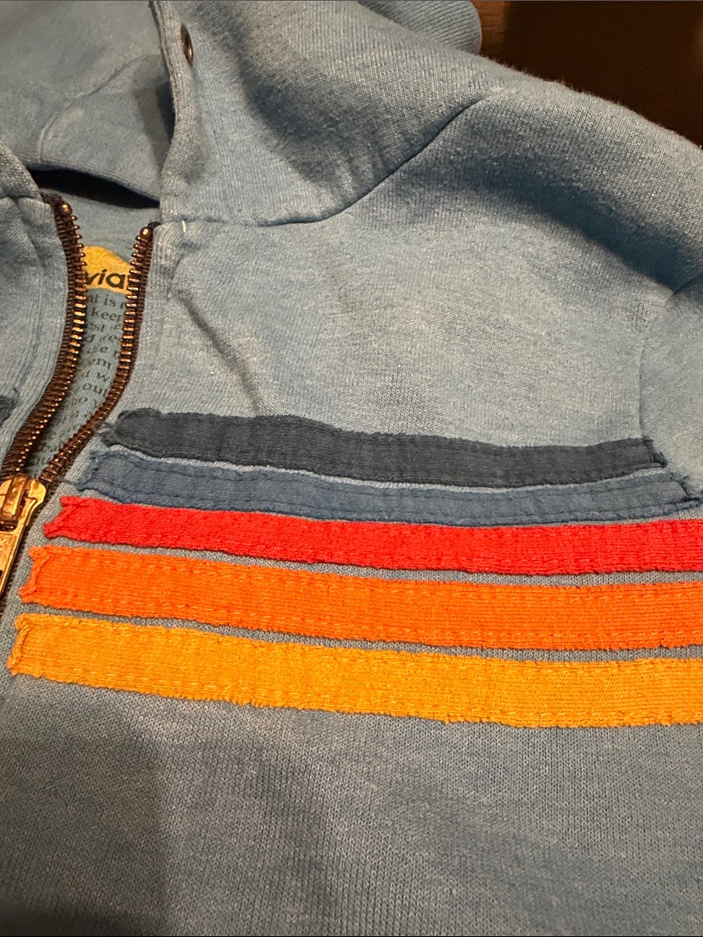 Aviator Nation Light Blue Zip Hoodie with Navy, Red & Yellow Stripes - Picture 3 of 6